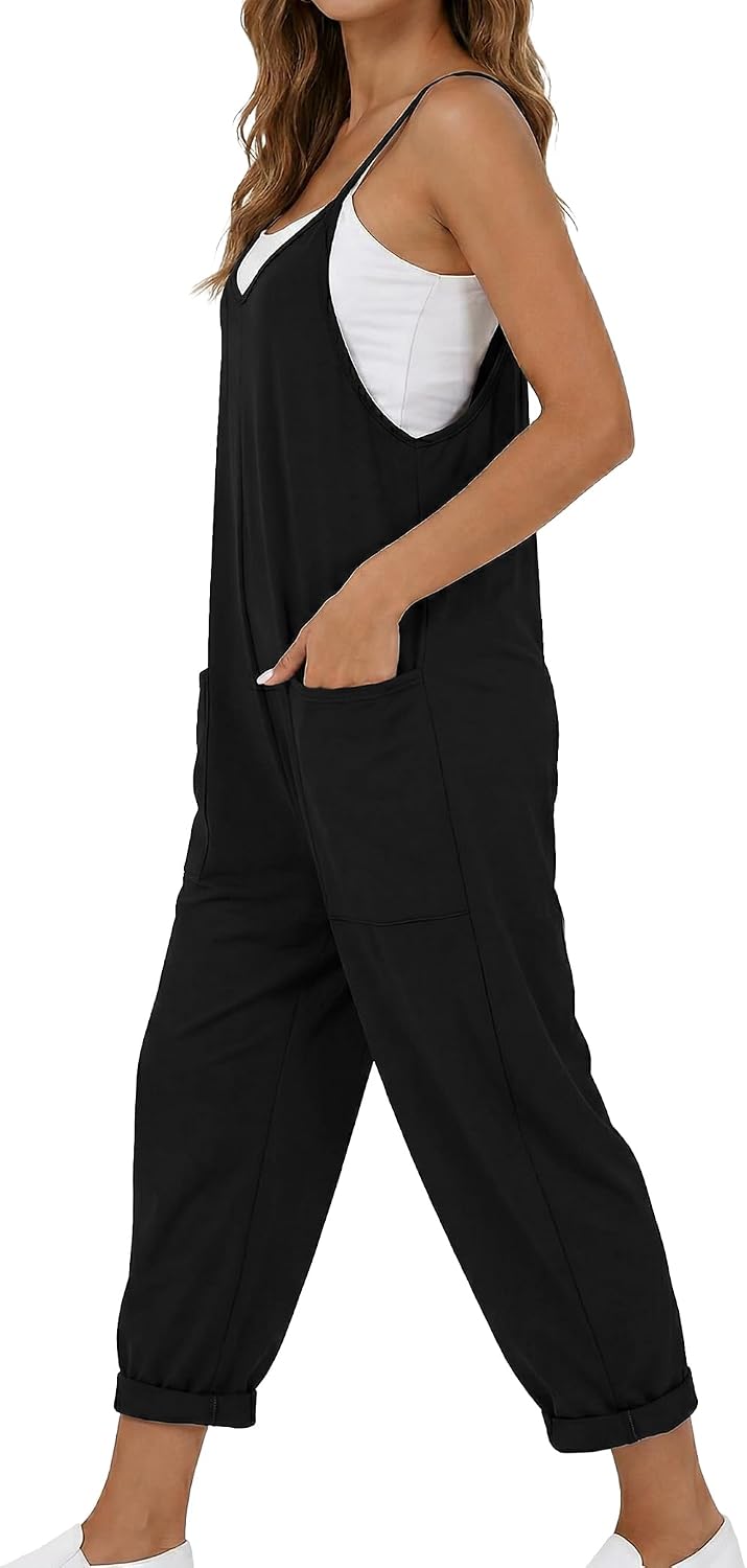 Buauty Jumpsuits for Women Casual V Neck Sleeveless Baggy Overalls Spaghetti Strap Jumpers with Pockets Summer Romper Clothes