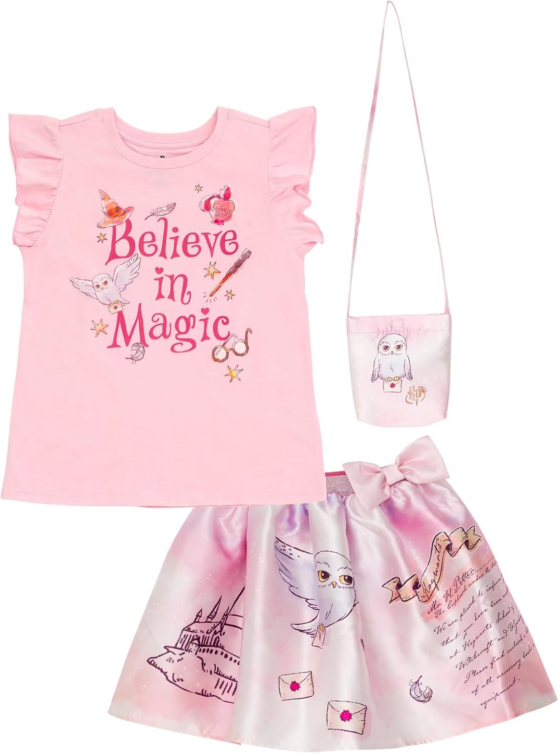 Harry Potter Girls Tank Top, Satin Skirt and Bag 3 Piece Outfit Set Toddler to Big Kid Sizes (4T - 14-16)