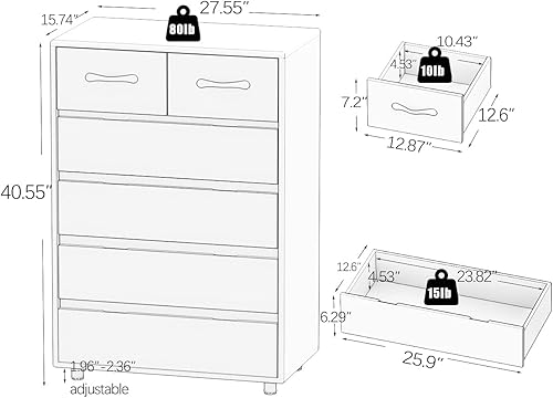 Miniatura 2 de RASOO Cómoda con 6 cajones, cómoda de almacenamiento, mesita de noche para sala de estar (6 cajones, blanco)