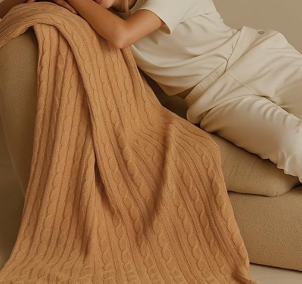 Netbors 100% Pure Cotton Cable Knit Throw Blanket, Ultra Soft Breathable All Seasons Comfy Knitted Lightweighted Washable Blanket for Couch Bed, Farmhouse Home Decor, 60" x 70" Camel by Netbors - Used condition - US$52.98