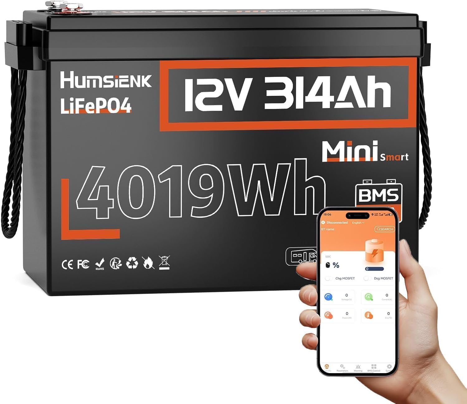 Humsienk 12V 314Ah LiFePO4 Lithium Batterie mit Bluetooth Integriertes 200A BMS, 4000-15000 Zyklen 4019Wh Nutzbare Energie, Perfekter Ersatz für AGM Gel Batterie für Wohnmobil, Solar System