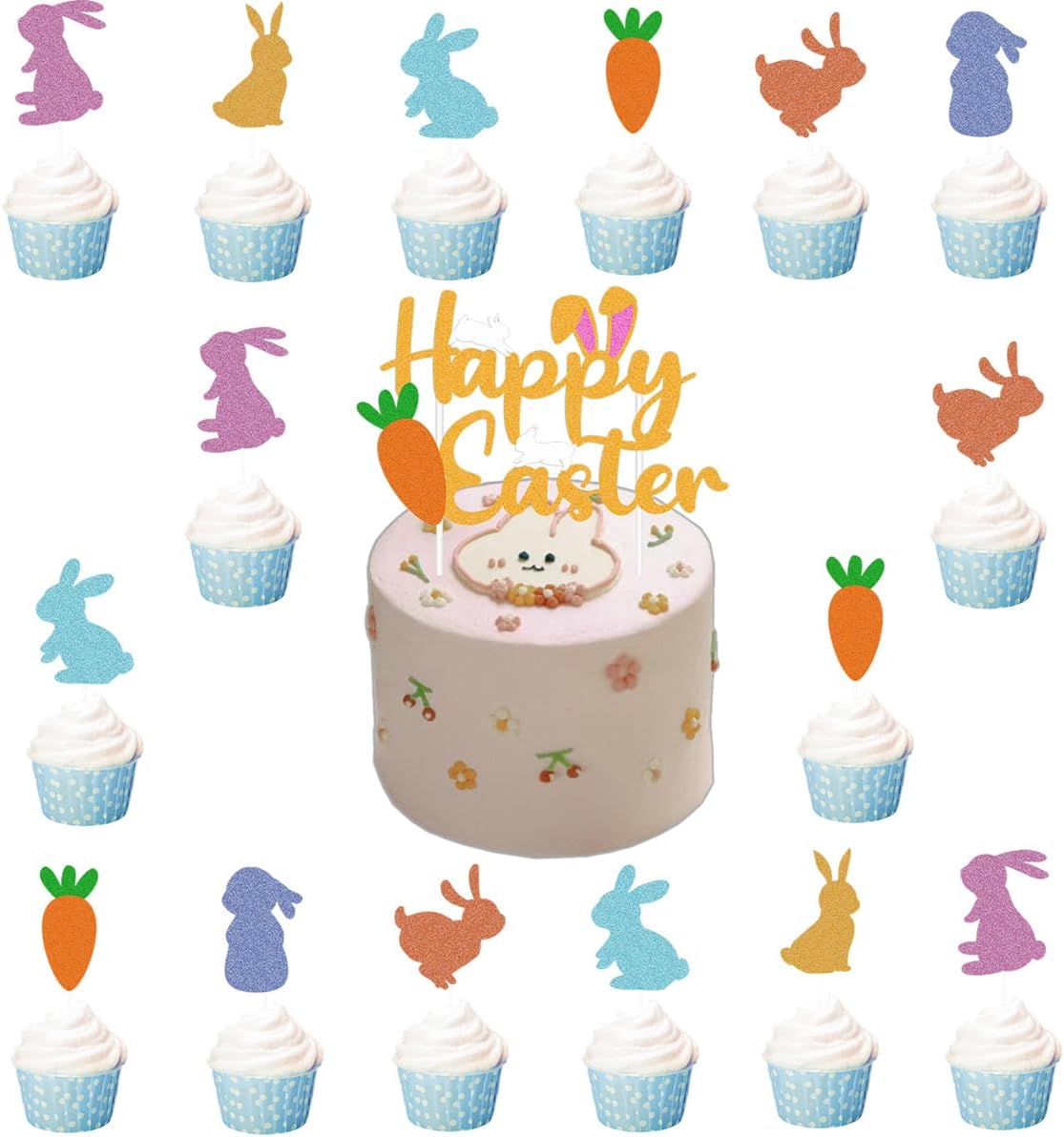 25Pcs Easter Cake Decorations Set, Happy Easter Cake Topper with Bunny Carrot Cupcake Toppers, Glitter Easter Rabbit Cupcake Picks for Easter Spring Party Supplies