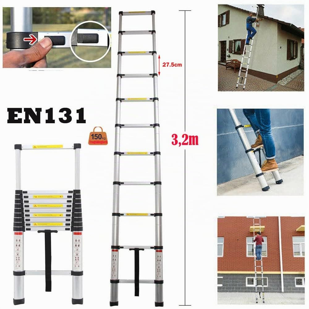 3,2M Échelle Multifonctions, échelle Télescopique, échelle Pliante en Stainless Steel échelle à Poser échelle Multifonction Extensible Pliable Charge Max 150 kg