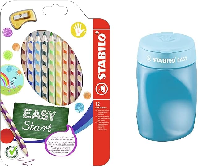 Colouring Pencil - STABILO EASYcolors - Left handed - Wallet of 12 - Assorted Colours + Sharpener + Sharpener - STABILO EASYsharpener - Left Handed - Blue