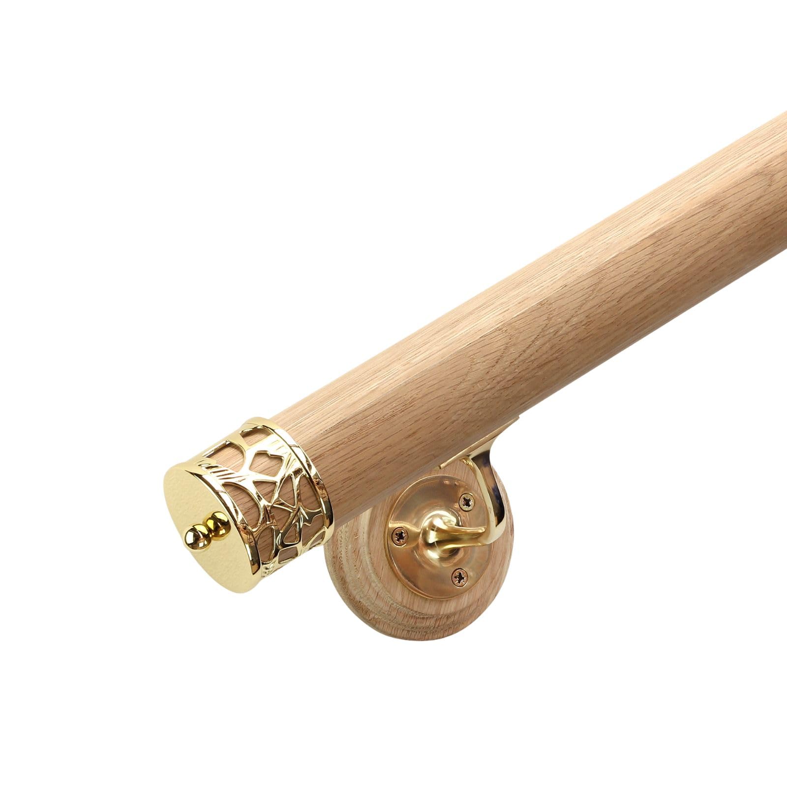 Jackson Woodturners Oak Mopstick Banister Kit – 1800Mm With Brass Wall Brackets & Brass Filigree End Caps
