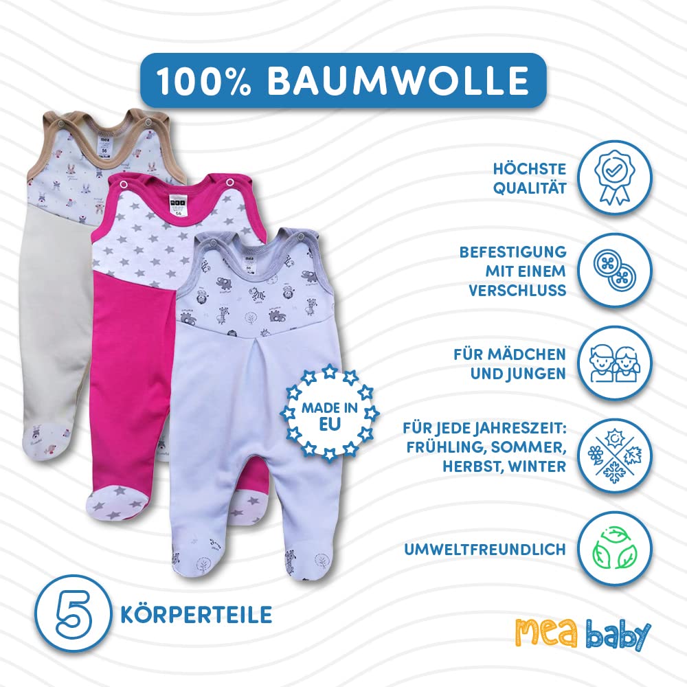 MEA BABY Tutine da bambino stampate da bambino| Chiusura con bottoni a pressione | Vari colori e motivi stampati | Confezione multipla da 5 pezzi