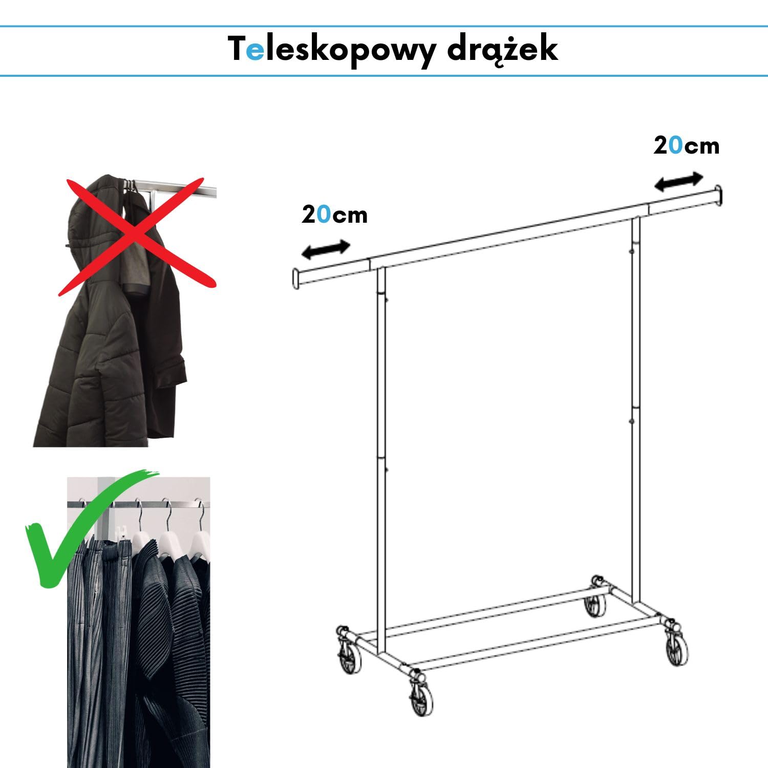 OGIVO metalowy wieszak - stojak na ubrania na kółkach - obciążenie do 130 kg – garderoba - stojak na ubrania solidny mocny #1 BIAŁY