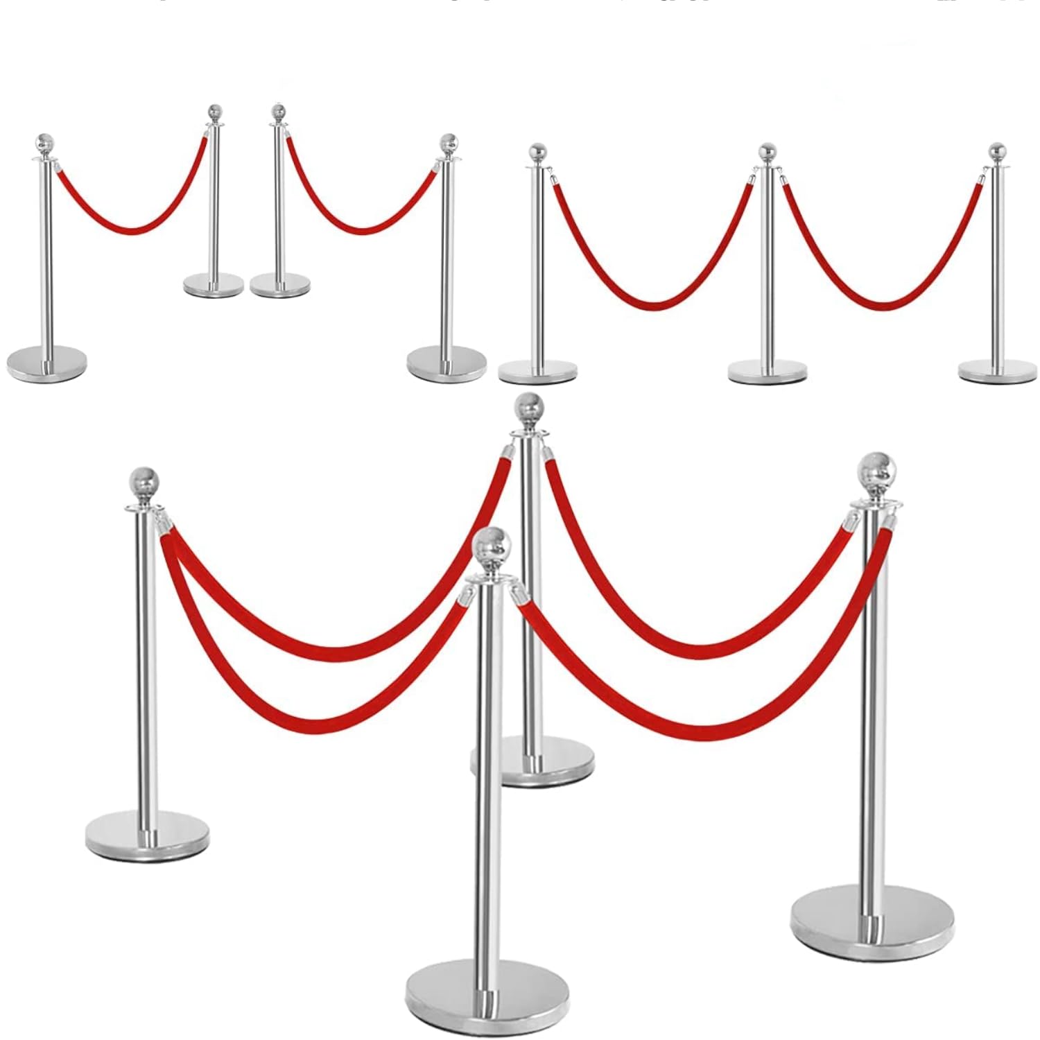 4PZ 96 cm Barriera di Controllo della Folla con 1,5 m Corde di Velluto Rosso Controllo della Folla in Acciaio Inox Tondo Post Palo, Base cava a iniezione di sabbia (Argento)