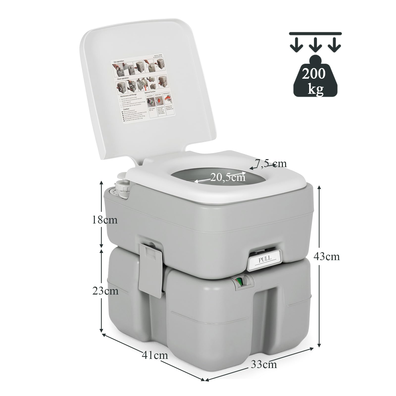 GYMAX Inodoro Portátil Químico de Viaje de 10 + 20 L, hasta 200 kg, WC Portatil con Depósito de Agua, Mango Ergonómico y Asiento Cómodo, Water Portatil Adultos para Vamping y Viajes