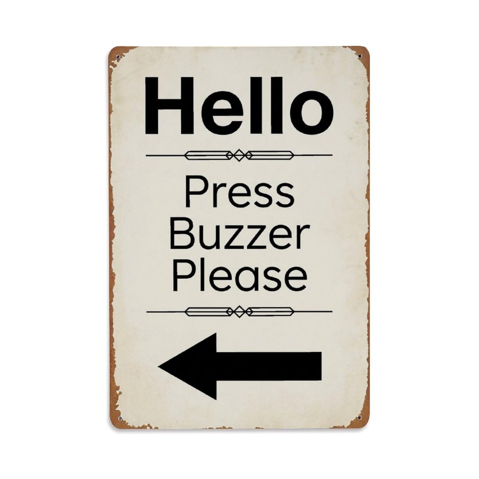 Metal Tin Sign Vintage Hello Press Buzzer Please Arrow Geometric