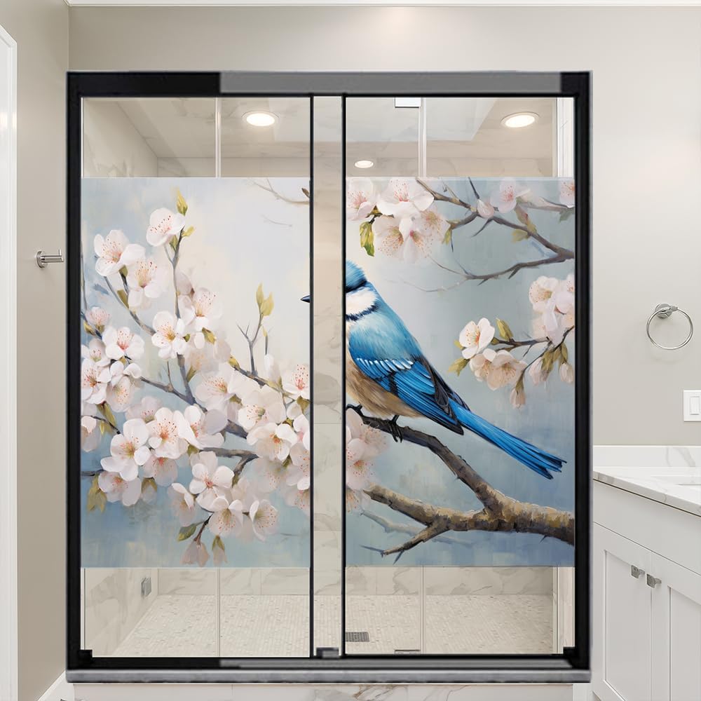 Beautiful Blue Bird Stained Glass Window Film Watercolor Flower Romantic Rustic Privacy Window Film Glass Door Covering Non-Adhesive Window Stickers for Room Kitchen 23.6Wx35.4L-inch x2 Pcs