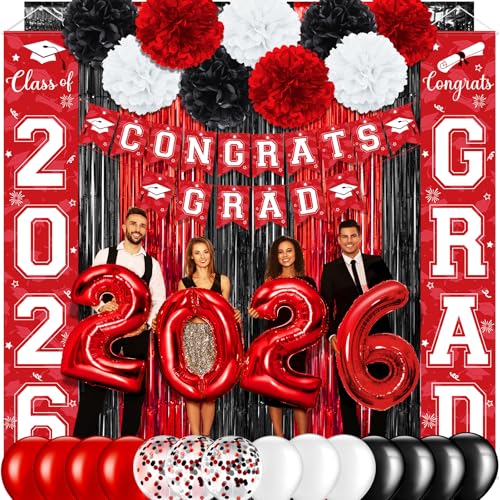Image of Graduation Party Decorations Class of 2026, Graduation Decorations with Congrats Grad Banner Fringe Foil Curtain Paper Flower Ball Balloons for High School College Grad Party Supplies, Red