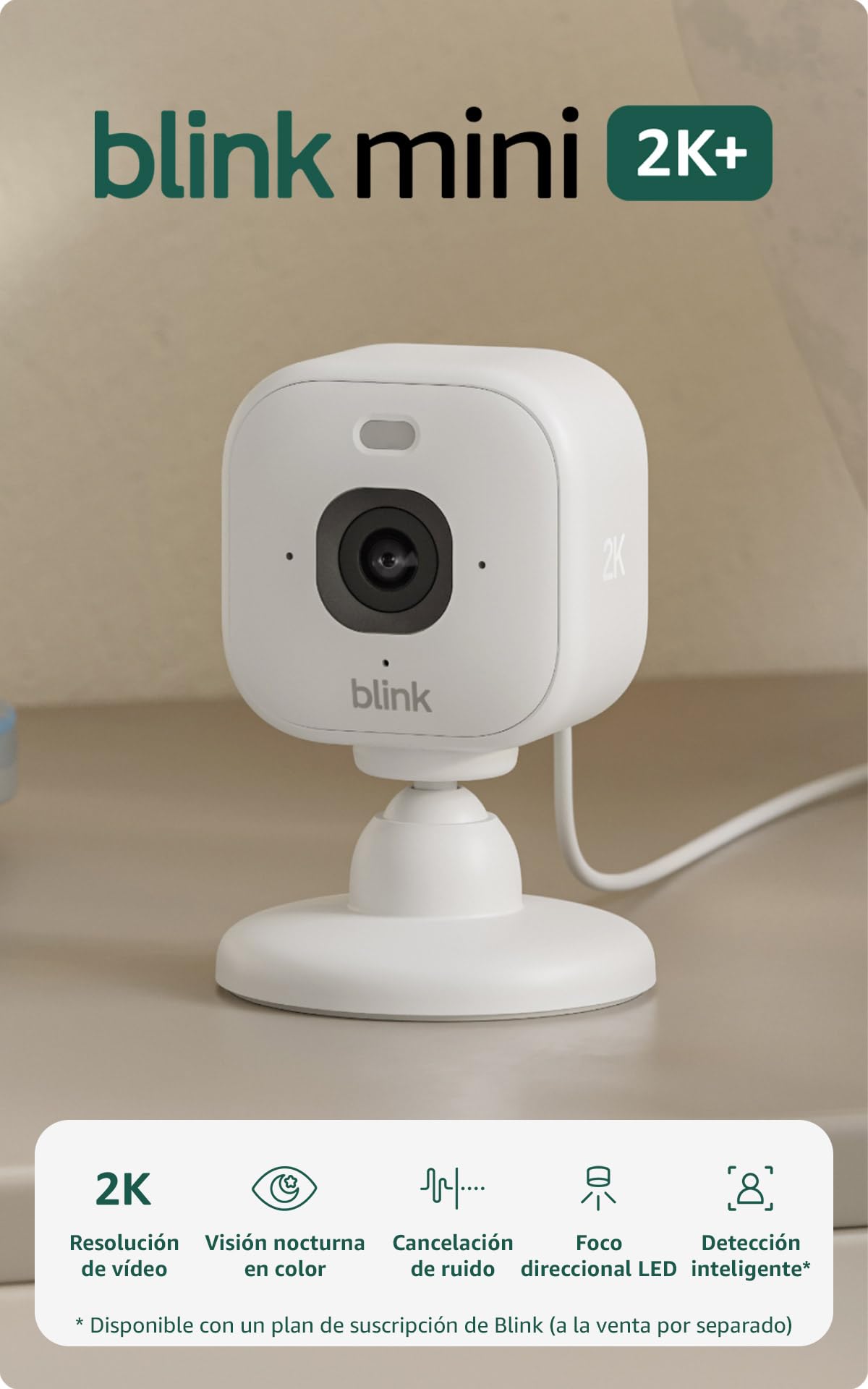 Cámara Mini 2K+ Blink (última generación) | Cámara de seguridad doméstica con enchufe, resolución de vídeo 2K, zoom de 4 aumentos, visión nocturna en color | Compatible con Alexa | 1 cámara - Blanco con descuento