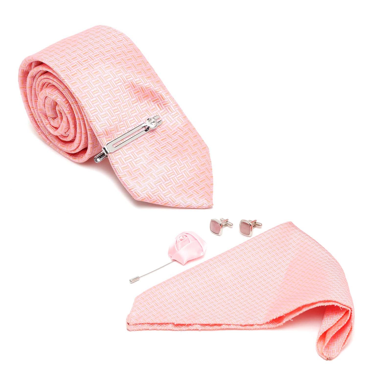 Mens Peach Silk Necktie Set Incl Pocket Square Cufflinks Chrome Tiepin Brooch American Style Formal Tie Gift Set for Men (TEPE01CP)-image-49