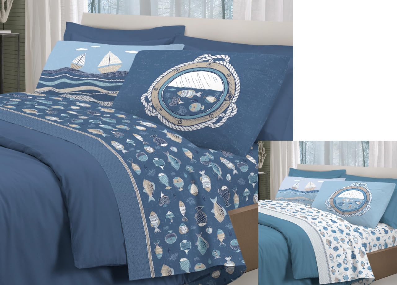 BIANCHERIAWEB Completo Lenzuola Letto Pensieri Delicati 100% Cotone Disegno Oceano Matrimoniale Blu