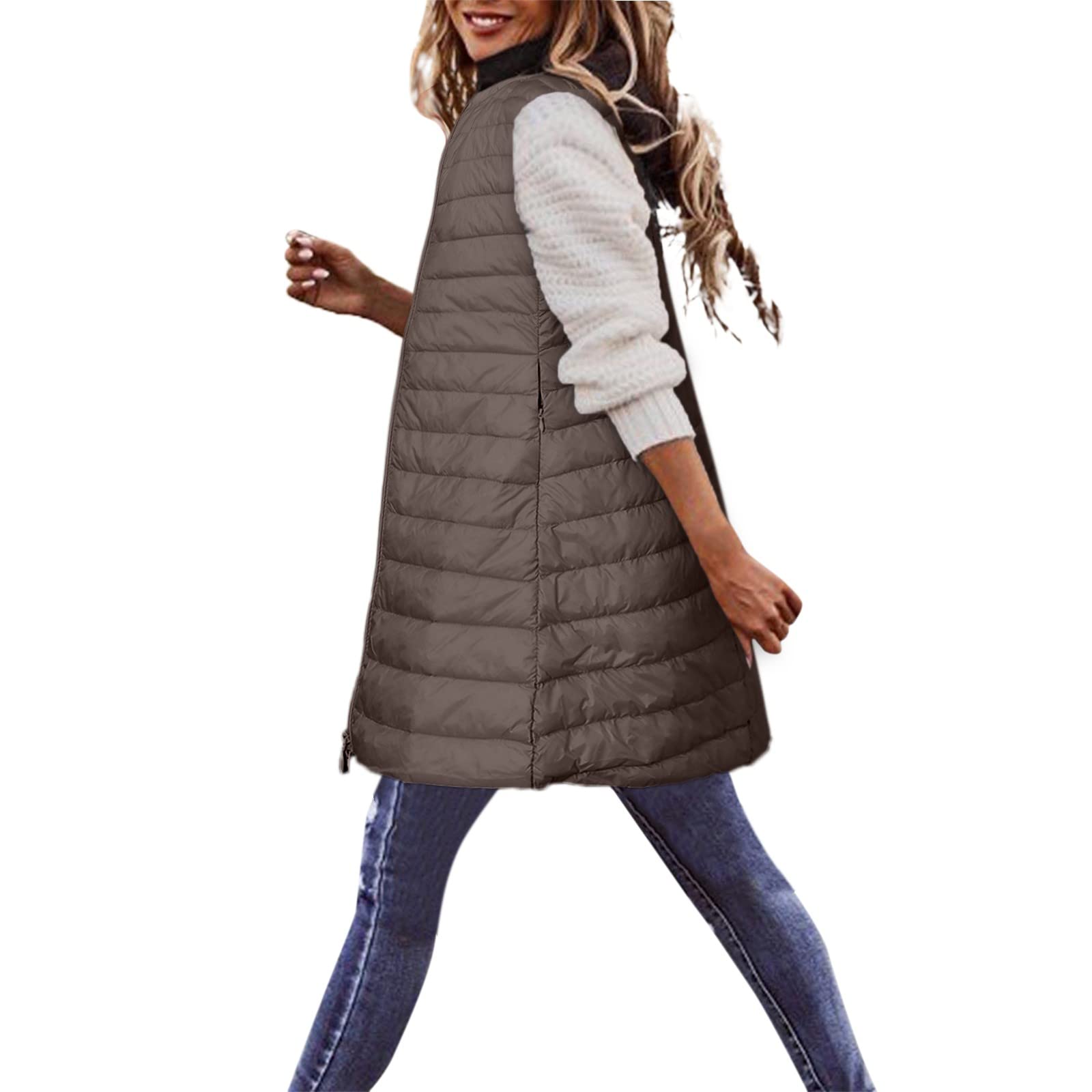Generisch Piumino da donna, taglie forti, lungo, invernale, sottile, leggero, con tasche per esterni (cachi, M)