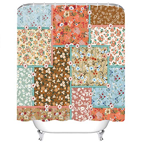 Cyrekud 72" X 72" Boho Colorful Patchwork Shower Curtain Bohemian Vintage Daisy Floral Bathroom Set Retro Wildflower Farmhouse Bath Bathtub Decor Durable Fabric Machine Washable With 12 Hooks #TOP30