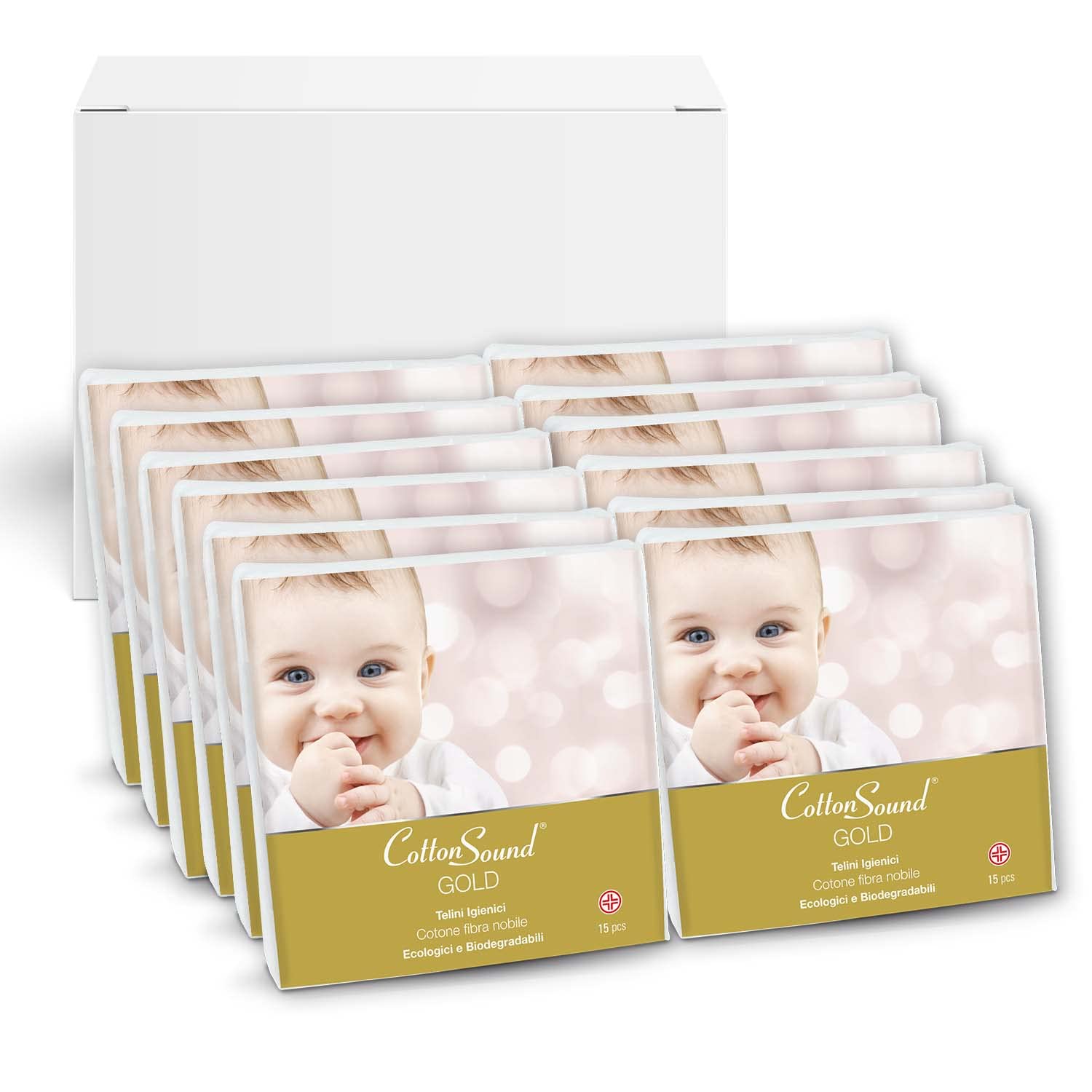 COTTON SOUND GOLD BABY 12 opakowań x 15 sztuk, higieniczne ręczniki dla dzieci 40 x 80 cm w 100% bawełna hydrofilowa, hipoalergiczna i biodegradowalna, testowane dermatologicznie, Made in Italy