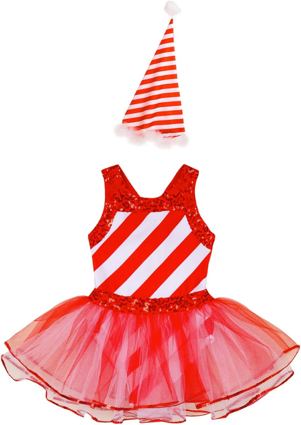 Hansber Girls Candy Cane Striped Christmas Costume Sequins Sleeveless Ballet Dance Tulle Dress with Hats Set