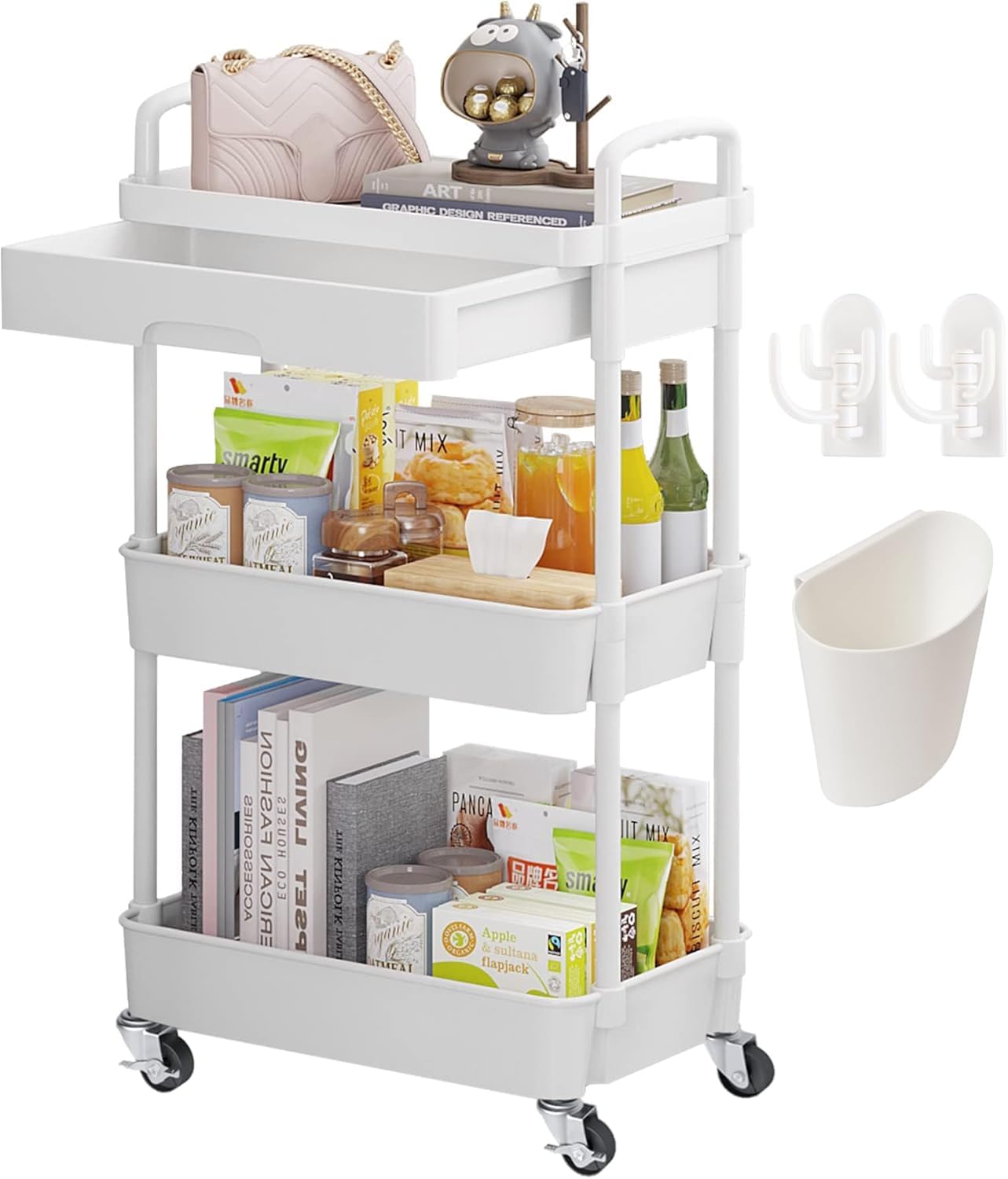 3 livelli Carrellino con Ruote Portatutto con Cassetto Salvaspazio Carrello Portaoggetti per Bagno Cucina Plastica