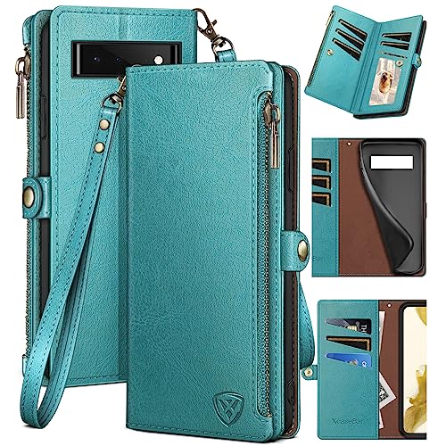 XcaseBar for Google Pixel 6 Wallet case with Zippe Credit Card Holderr 【RFID Blocking】, Flip Folio Book PU Leather Phone case Shockproof Cover Women Men for Pixel 6 case Purple