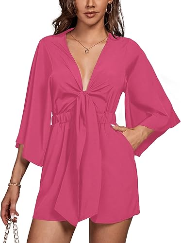 LYANER Mono de mujer con cuello en V profundo, nudo de media manga