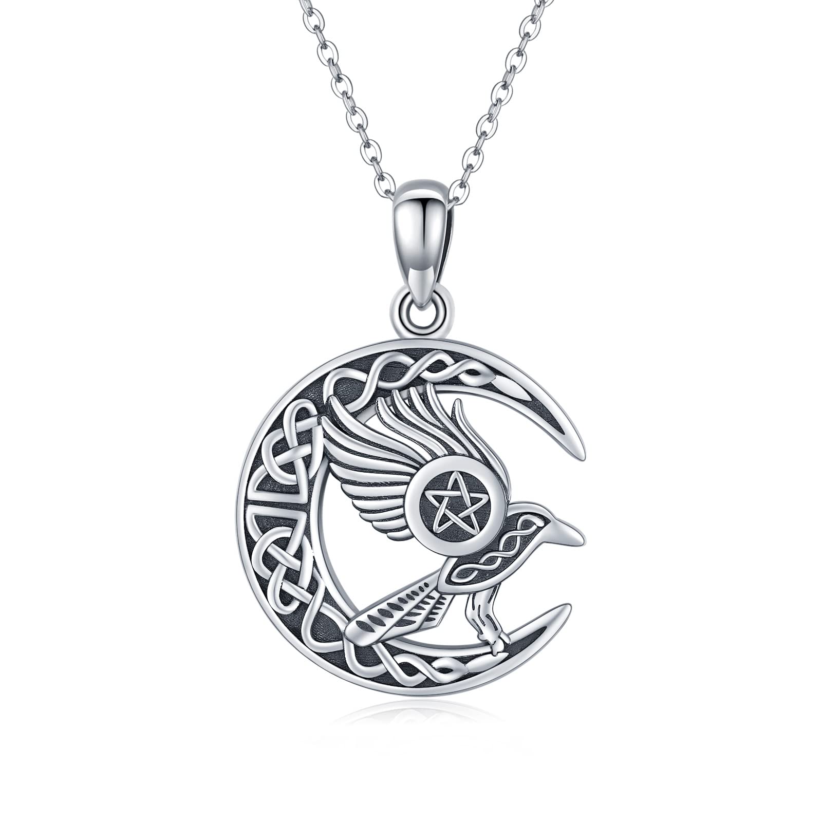 ABIGYCeltic Moon Necklace for Women 925 Sterling Silver Moon Fox/Raven Pendant Crescent Fox/Raven Necklace Moon Jewellery Gift for Mom Daughter Birthday, Sterling Silver, Zircon