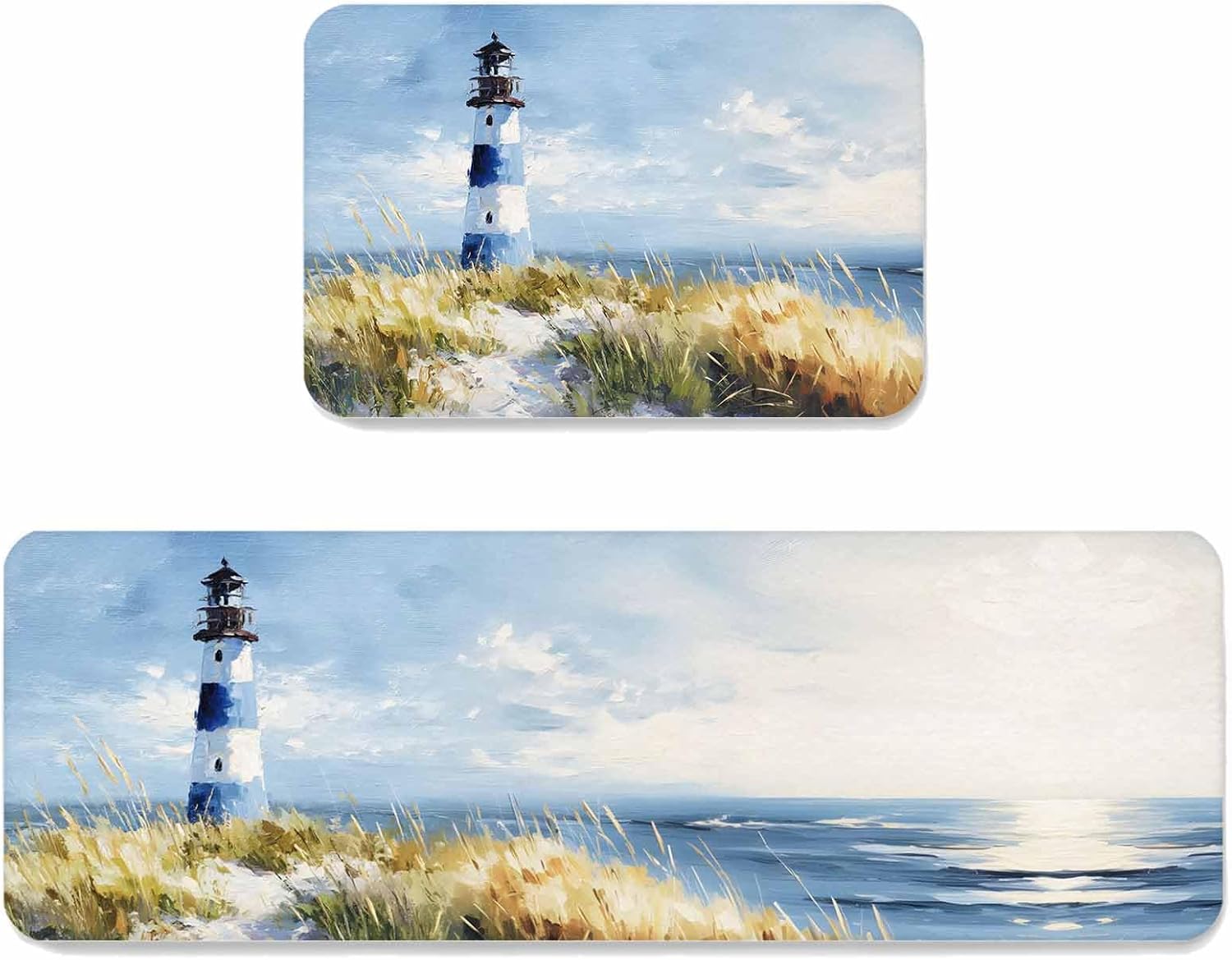 Summer Ocean Lighthouse Kitchen Mat Set 2 Pieces Nautical Sea Green Grassland Oil Painting Style Non Slip Kitchen Rugs Washable Runner Rug Mats for Sink Laundry (19.7" x 31.5"+19.7" x 63")