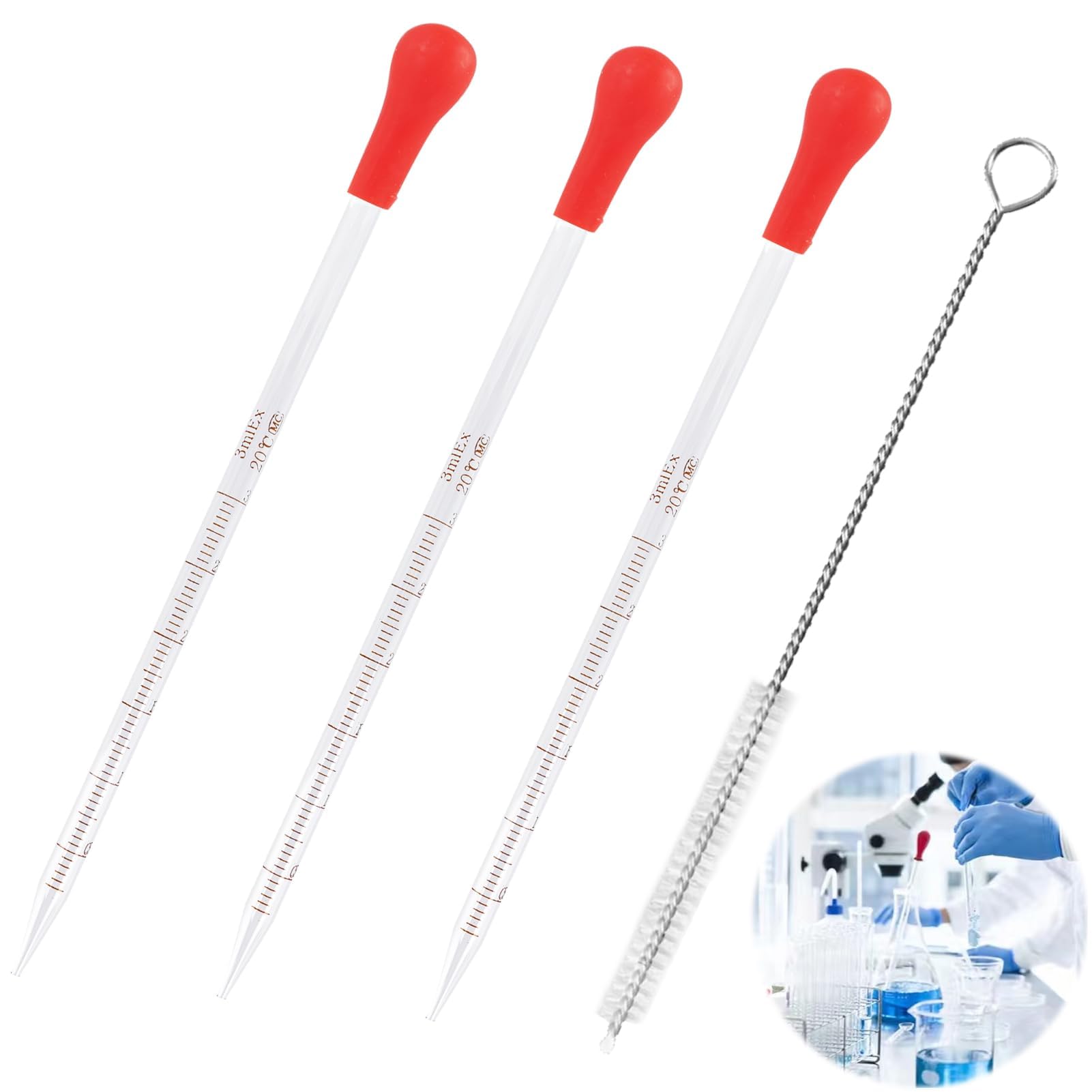 3 sztuki pipety szklane 3ml z silikonowymi nakładkami i szczotką do czyszczenia, wysokiej jakości pipety kroplowe do laboratorium, pipety szklane do medycyny, długie pipety do badań żywności i potrzeb