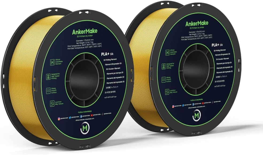 AnkerMake PLA+ Silk 3D Printing Filament, AnkerMake Official Filament, 2-Pack, 4.4 lb / 2 kg, Luxurious Silk Texture, Smooth, Designed for High-Speed Printing - Silk Gold