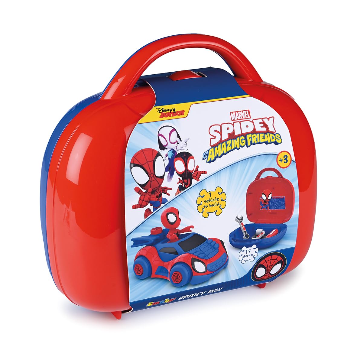 Smoby - Valigetta degli attrezzi di Spidey, 7600360905, +3 anni, 17 accessori inclusi, auto Spidey da costruire, personaggio Spidey