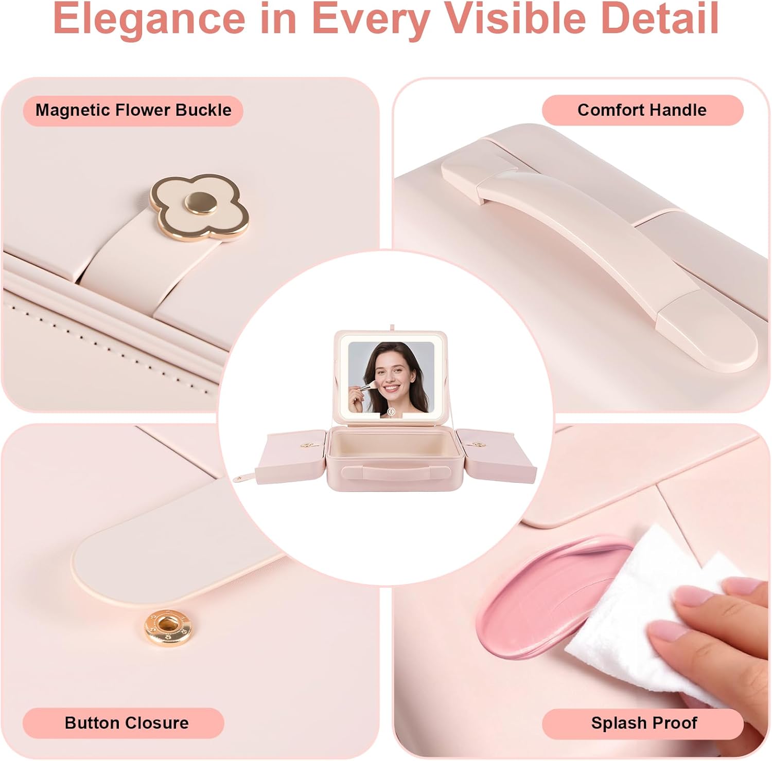 BEAUTY CASE Makeup Case with LED Light & Magnetic Mirror, 12 Inch Portable Travel Cosmetic Organizer Bag with 3 Partitions, Rechargeable, Large Capacity, Bright Lighting, Gift for Women Girls, Pink - Image 4