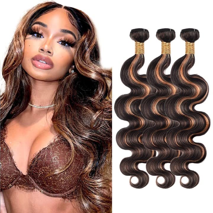 P1B30 Highlight Bundles Human Hair Ombre Brown Body Wave 3 Bundles 14 16 18 inch Brazilian Unprocessed Virgin Remy Hair Extensions