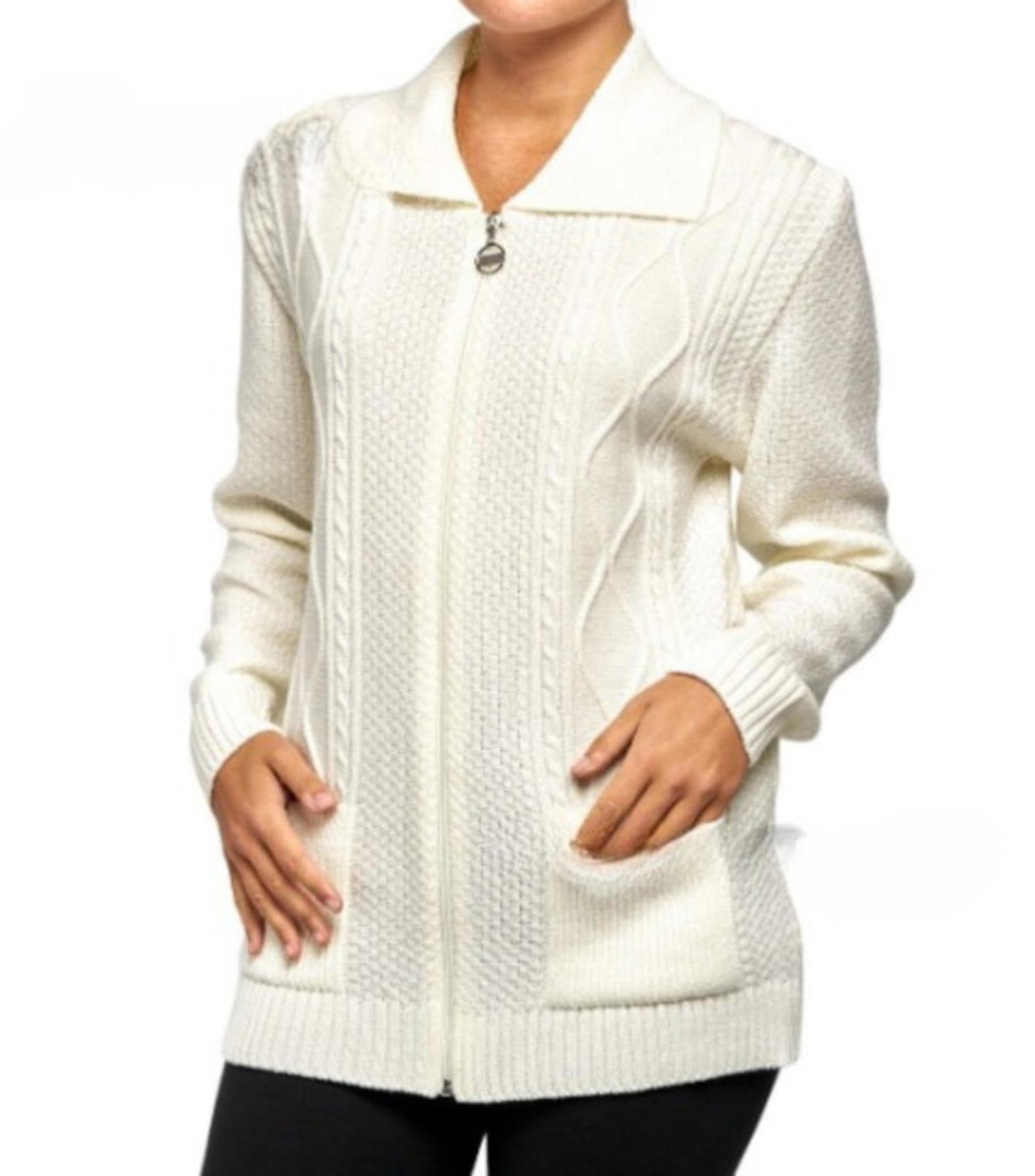 Wickedfashions123 Women's Cream ’S Cable Knitted Collared Sweater Front Pocketed Cardigan Long Sleeves Winter Wear Zipper Cardigan Classy Knitwear Plus Size Sweater Uk 20-22