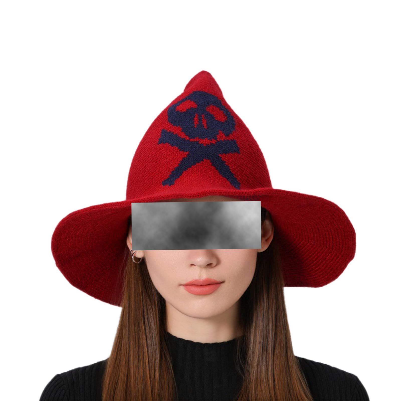 HzDazrl Women Halloween Witch Hat Wide Brim Wool Pointed Cap Christmas Party Holiday Daily Accessory Wizard Hats (Skull Print Knitted Red, One Size)