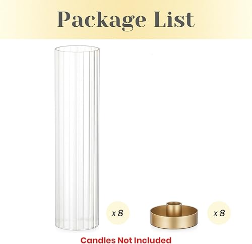 Miniatura 6 de Hewory Portavelas de cristal de huracán juego de 8 candelabros dorados con cubierta cilíndrica transparente de 11 pulgadas de alto, portavelas