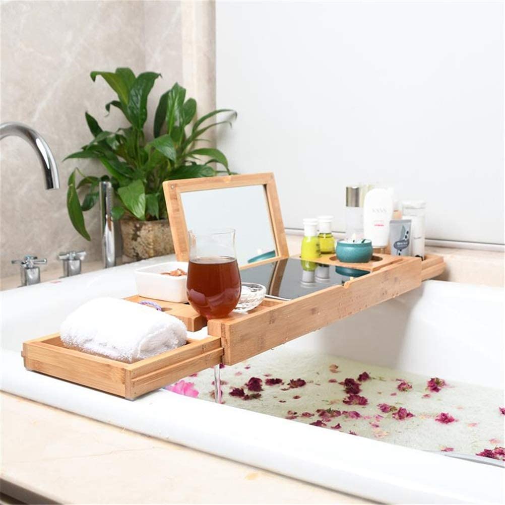 Bandeja para bañera, Puente de baño, Estante de Almacenamiento telescópico con Espejo para baño y hogar