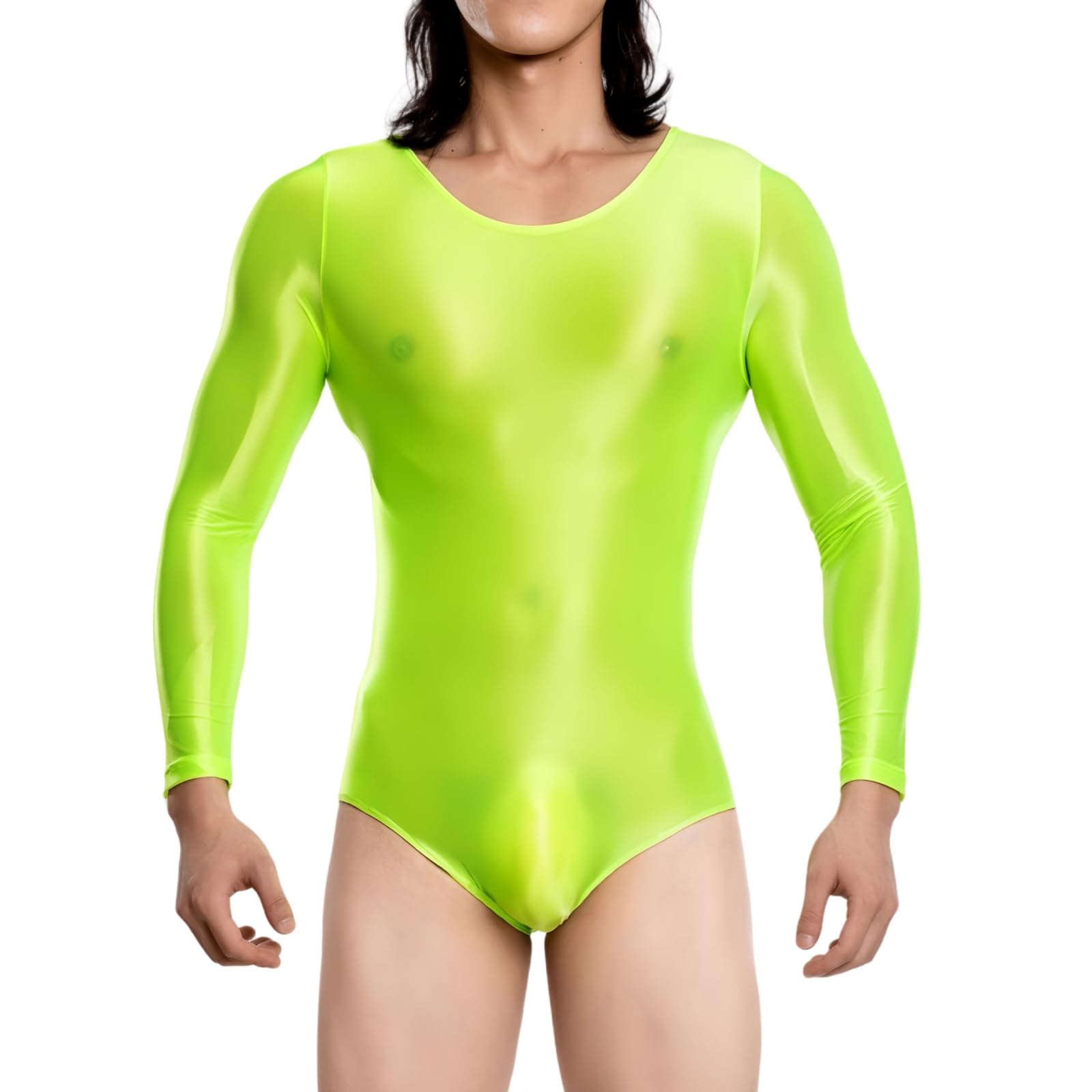 Hybursky Men's Oil Glossy Leotard Bodysuit Long Sleeve One Piece Jumpsuits Mens Lingerie Bodysuits Tops Underwear Cosplay Costume Party Clubwear Nightwear(Neon Green/XL)