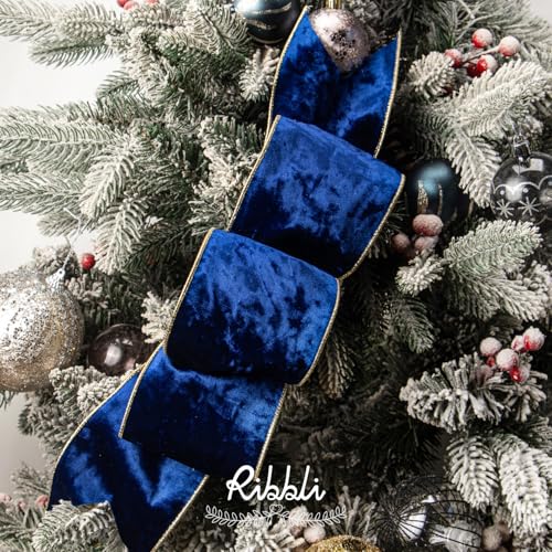 Image of Ribbli Royal Blue Velvet Wired Ribbon 4 Inch Metallic Blue Gold Crushed Velvet Christmas Ribbon for Gift Wrapping Christmas Tree Decoration Crafts Wreaths Supplies-Continuous 10 Yards