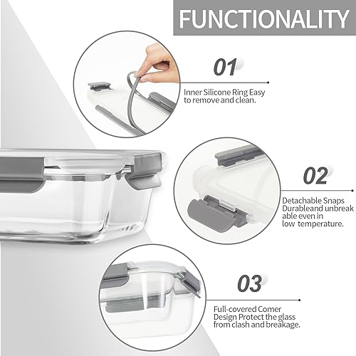 Miniatura 4 de Paquete de 10 recipientes de vidrio para preparación de comidas, recipientes de almacenamiento de alimentos de vidrio con tapas herméticas, juego de