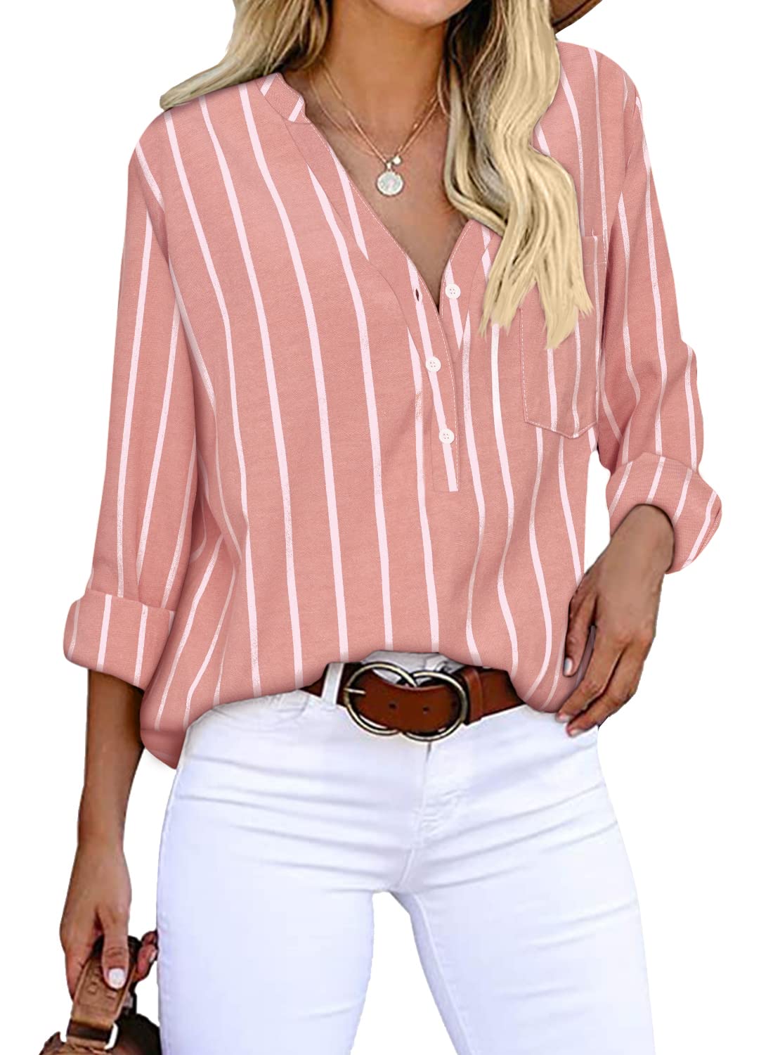 Cindeyar Bluse Damen Langarm Streifen Oberteile Casual Langarmshirt Tops Lose Baumwolle Tunika Hemd
