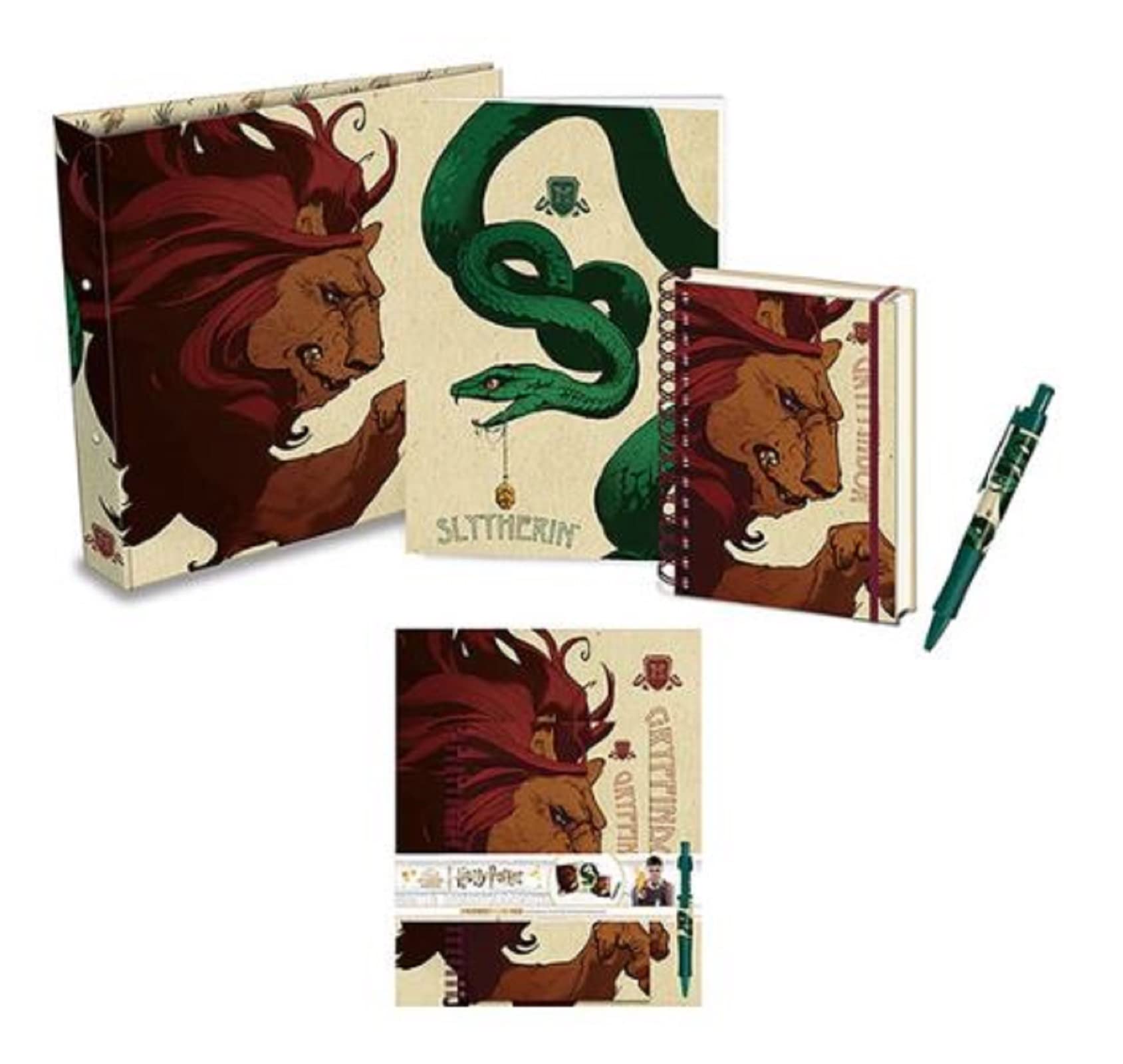 HARRY POTTER Ring Binder, Notebook and Pen Set, Gryffindor and Slytherin Design - Official Merchandise