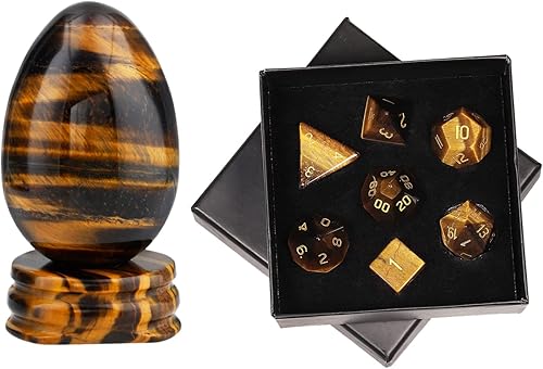 mookaitedecor Bundle - 2 Artículos: Huevo de cristal de ojo de tigre con soporte de piedra y 7 piezas de dados poliédricos DND de ojo de tigre para
