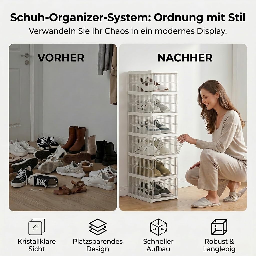 Schuhboxen Stapelbar, 24 Ebenen, Transparent, Faltbar, Dickem Kunststoff, für Sneaker bis Größe 46, Platzsparend, 1-Min Montage, Weiß