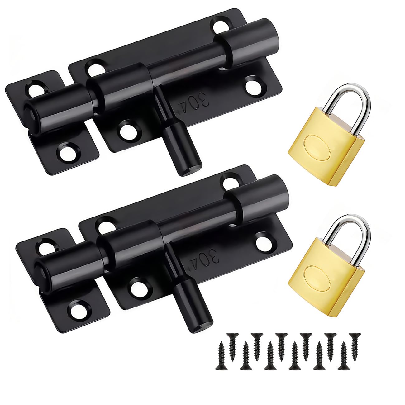 Pack of 2 Stainless Steel Door Bolt Made of 304 Steel, Black Security Bolt with Sliding Lock & Bolt Latch