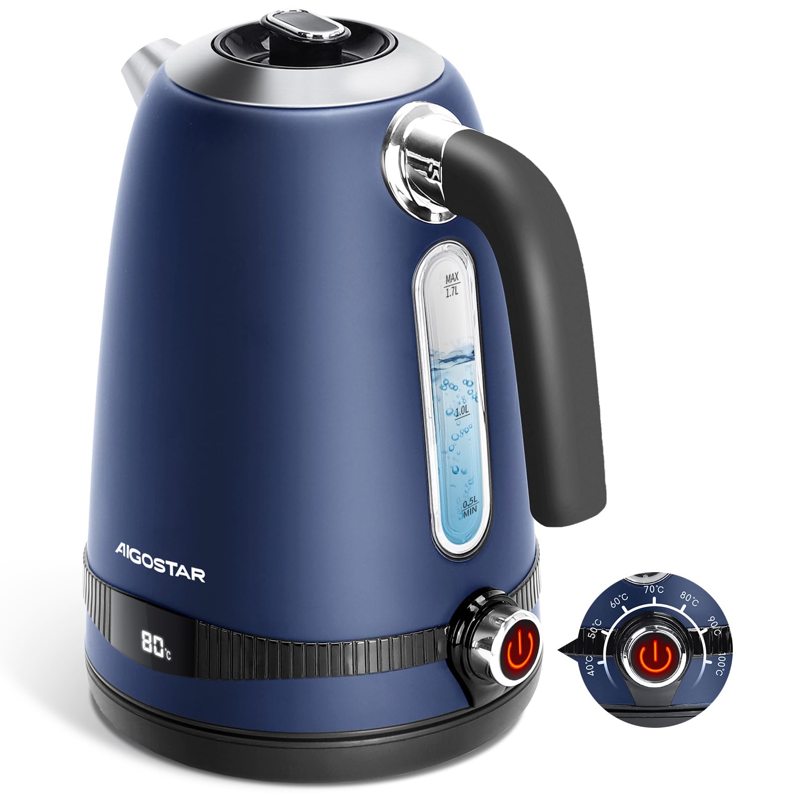 Aigostar Bouilloire Electrique Temperature Reglable inox 1,7L Bleu Foncé Vintage - Bouilloire électrique 2200W, Maintien Au Chaud, ébullition Rapide, Pas de Plastique à L'intérieur, Sans BPA