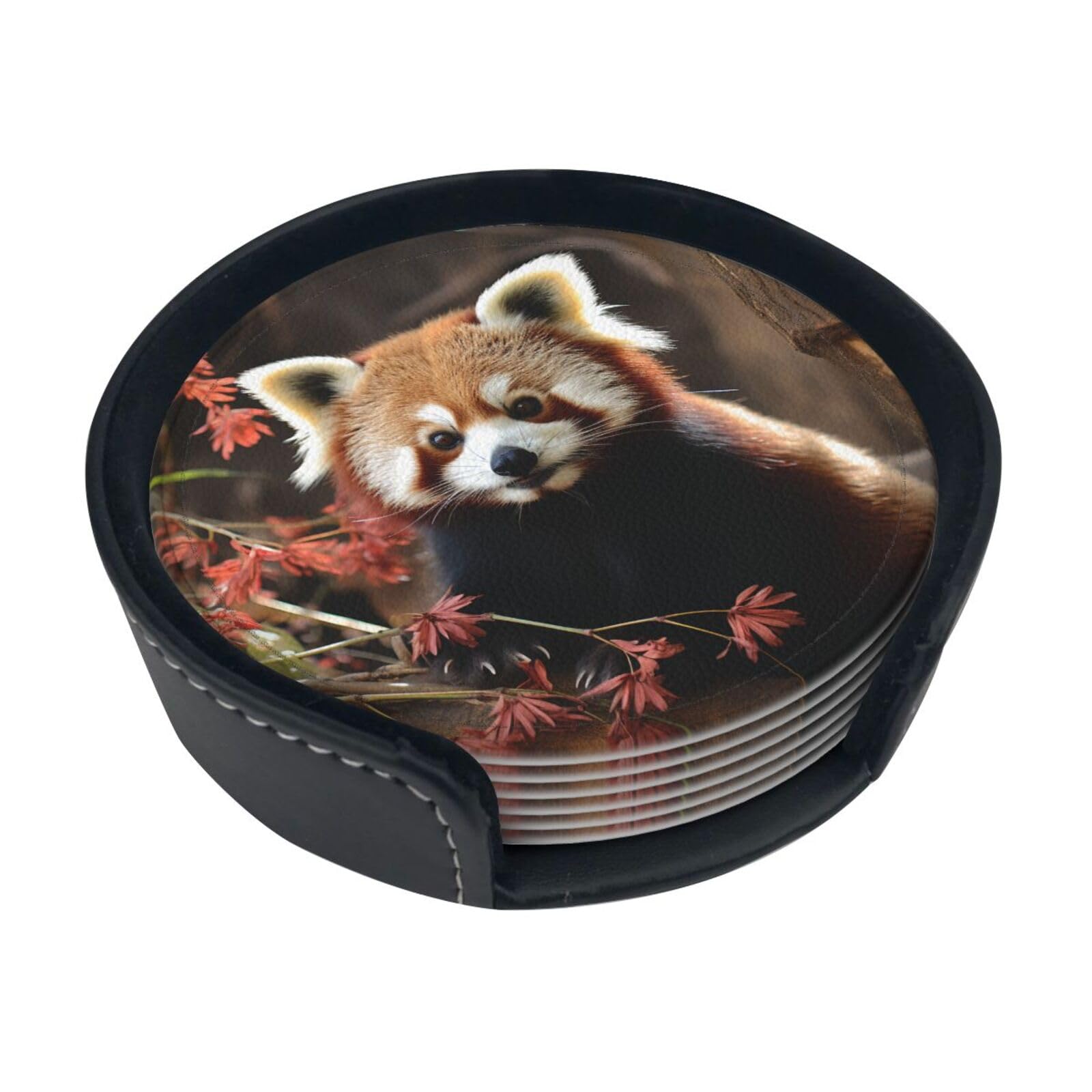 Red Pandas Coasters For Drinks Set Of 6 Leather Tea Cup Coaster Drink Coasters For Cup Kitchen Bar Home Decor Housewarming Gift