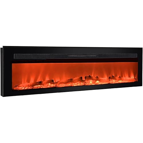 60 Inches Electric Fireplace with 20 Realistic Flames, Ultra Thin Wall Mounted Fireplace with Remote Control, Log Set & Crystals, Independent Flame and Heat Control for Year-Round Use, Black