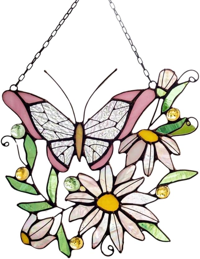 Pink Butterfly With Daisy Stained Glass Suncatcher. Real Glass Home Decor. Indoor Outdoor Decor. Mother's Day Gift Idea. Wall Window Hanging Panel. Butterfly Decor. Nature-inspired Decor For Home.