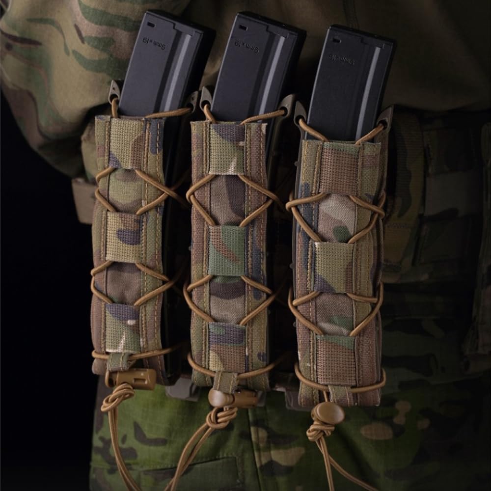 Extended Triple 9mm Magazine Holster,Tactical MOLLE Quick Pull Pistol Magazine Pouch, SMG PALS Malice Clip for .45/ MP5/ MP7